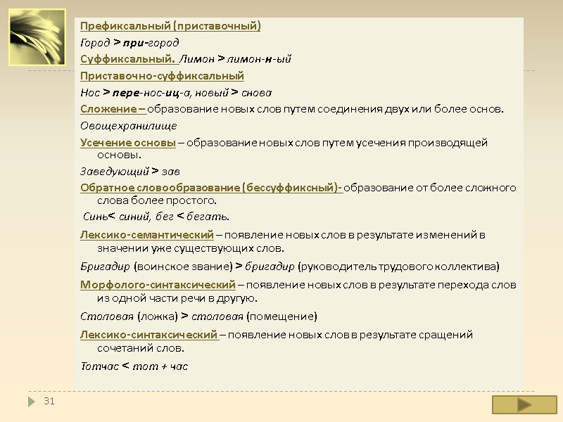 31 Префиксальный (приставочный) Город > при-город Суффиксальный. Лимон > лимон-н-ый 31 Префиксальный (приставочный) Город > при-город Суффиксальный. Лимон > лимон-н-ый